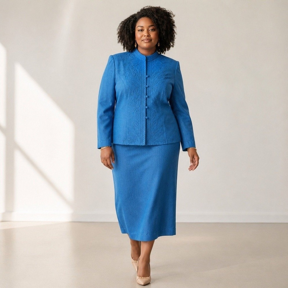 Adrianna Papell Size 12 Women's 100% Silk Skirt Suit Blue 2 Pc Set Beaded